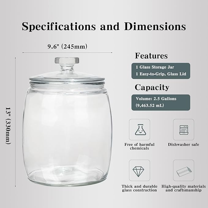 CATPOWER 2.5 Gallon Wide Mouth Glass Storage Jars with Heavy Glass Lids - Large Cookie Jars for Kitchen, Ideal for Flour, Rice, Sugar, Pasta, and Candy