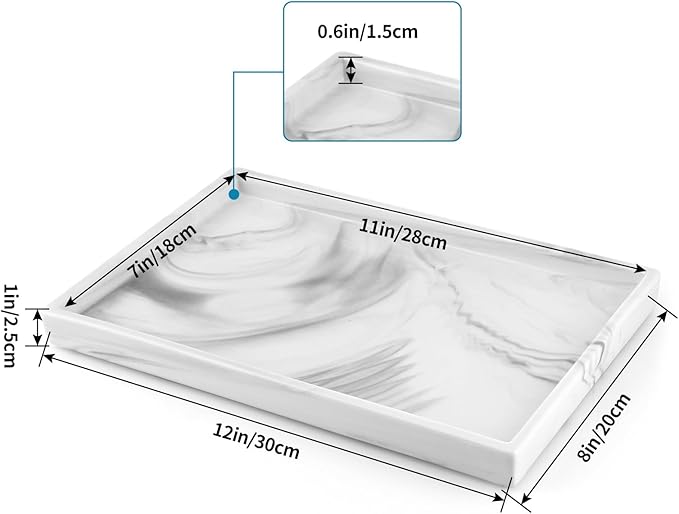 Sanbege 12" Large Ceramic Vanity Tray, Rectangle Perfume Plate Organizer, Jewelry Holder Dish, Non Slip Decorative Tray for Bathroom, Bedroom, Kitchen, Coffee Table (Marble Grey)