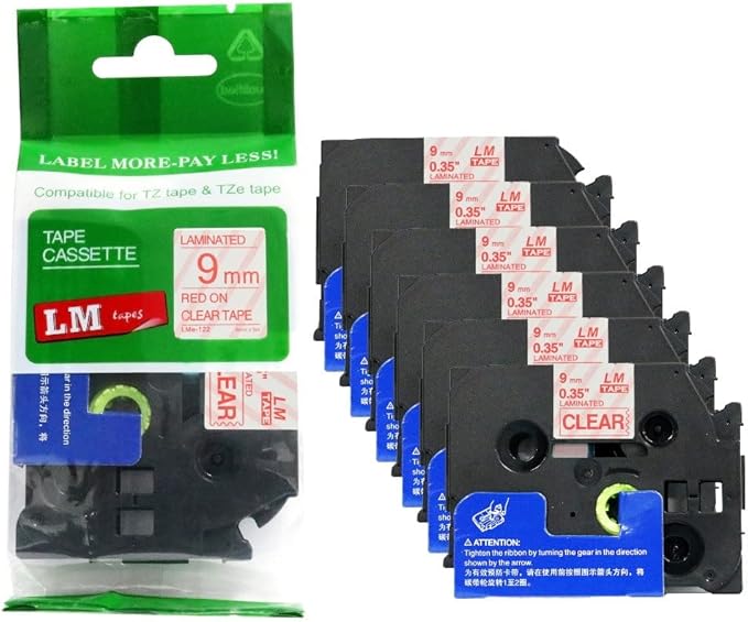 6/Pack LM Tapes - LMe-122 Premium 3/8" Red Print on Clear Label Compatible with Brother TZe122 Tape and Includes Tape Color/Size Guide. Replaces TZ-122 9mm 0.35 Laminated.