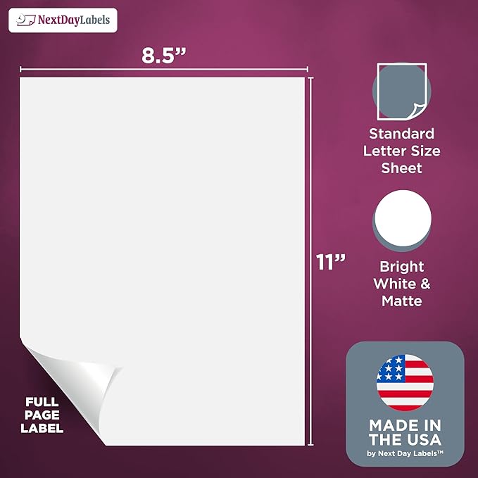 NextDayLabels 8.5x11 Full Sheet Stickers White Blank Labels for Laser Inkjet Printer - 1 Per Page Self-Adhesive Shipping Product Packaging Made in USA - 250 Labels