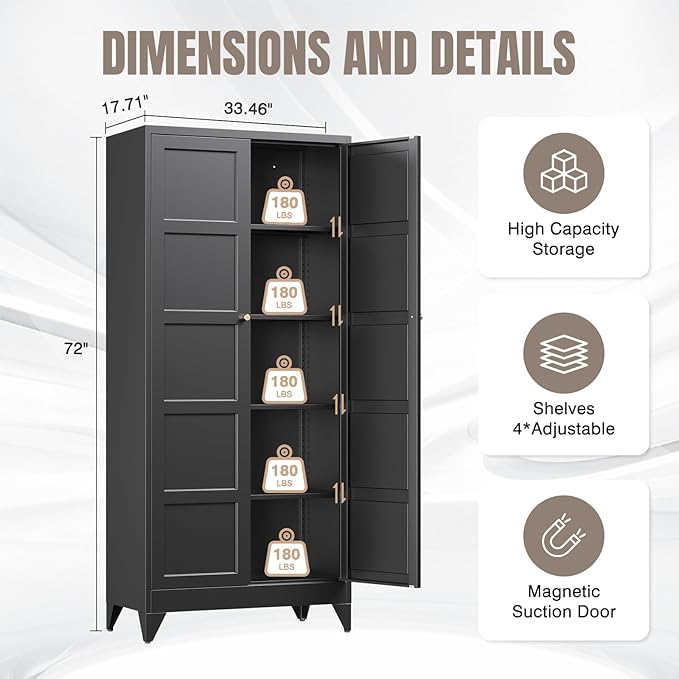 Yizosh Metal Pantry Cabinet,- 72" Black Kitchen Pantry Storage Cabinet with Doos and Adjustable Shelves for Kitchen, Living Room,Dining Room,Home