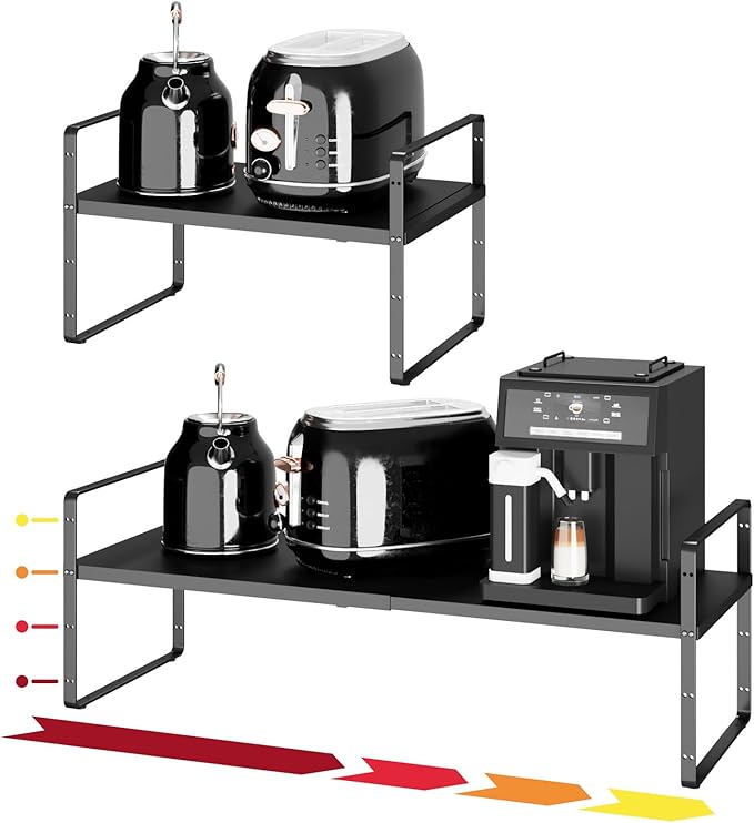 taiheis 16.5~27.1" Expandable Shelf Organizer, 1Pack 10.2" Wide Stackable Cabinet Shelf Organizers, Black Metal Sturdy Kitchen Counter Storage for Countertop, Adjustable Height Spice Rack
