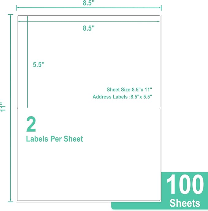 L LIKED 200 Half Sheet Shipping Labels, 2 per Sheet, 200 Labels, 5.5 x 8.5 inch, for Laser & Inkjet Printing (100 Sheets)