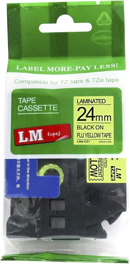1/Pack LM Tapes - LMeC51 Premium 1" Black Print on Bright Yellow Label Compatible with Brother TZe-C51 P-Touch and Includes Tape Color/Size Guide. Replaces TZ-C51 24mm 0.94 Laminated Ptouch.