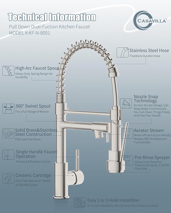 Faucet, Kitchen Faucet with Sprayer, RV Faucet for Kitchen Sink, Single Handle Stainless Steel Kitchen Sink Faucets with Dual Function Spray Head, Nickel Brushed