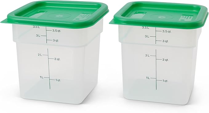 Cambro Food Storage Container with Lid (Microwave Safe and BPA-Free) - 2 Pack - Classic Series Square with Green Lid - 4 QT (Quart) - Commercial Grade for Food Prep (Translucent)
