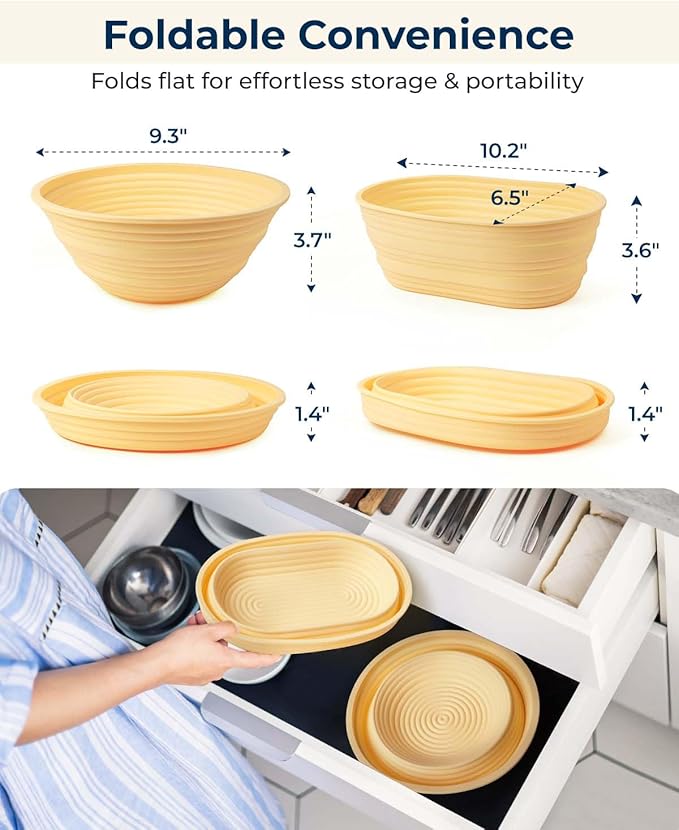 Lorzon Silicone Banneton Bread Proofing Baskets Set of 2, 9" Round & 10" Oval Foldable Sourdough Proofing Baskets with Sourdough Bread Baking Supplies, Including Bread Lame, Dough Scraper