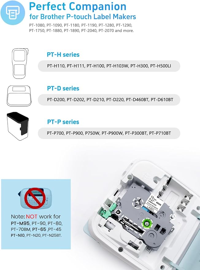 10-Pack Label Maker Tape, Replace for Brother Ptouch TZe-231 (TZE23110PK) ½ inch (0.47 inch) x 26.2 ft. (8m) (Pack of 10) Laminated Tape, Black on White, Waterproof& Fadeproof, No Jam