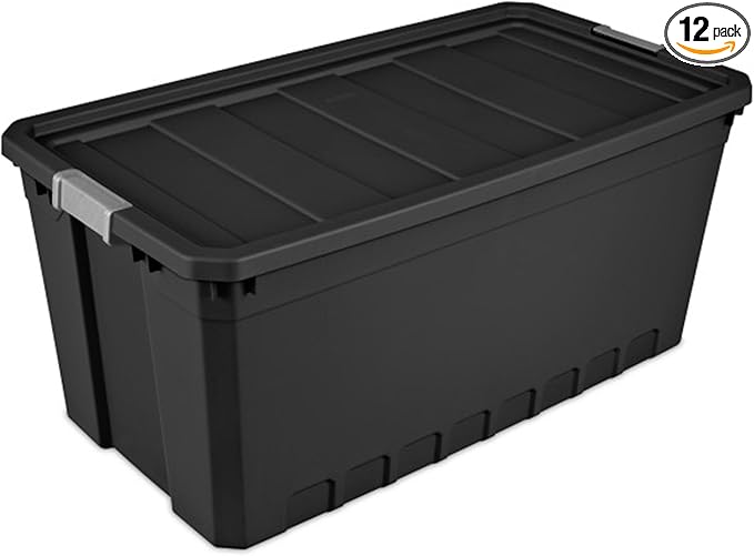 Sterilite 12-Pack Plastic Storage Bins with Lids, Stackable Containers, 50 Gallon, Black