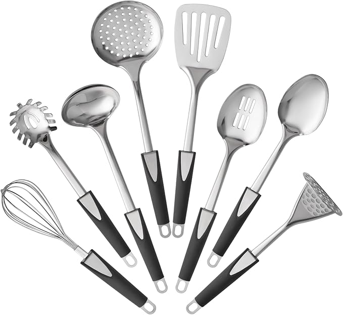 Stainless Steel Kitchen Utensil Set-8 PCS Stainless Steel Kitchen Utensil Set, Nonstick Kitchen Gadgets Cookware Set with Black PP Handle