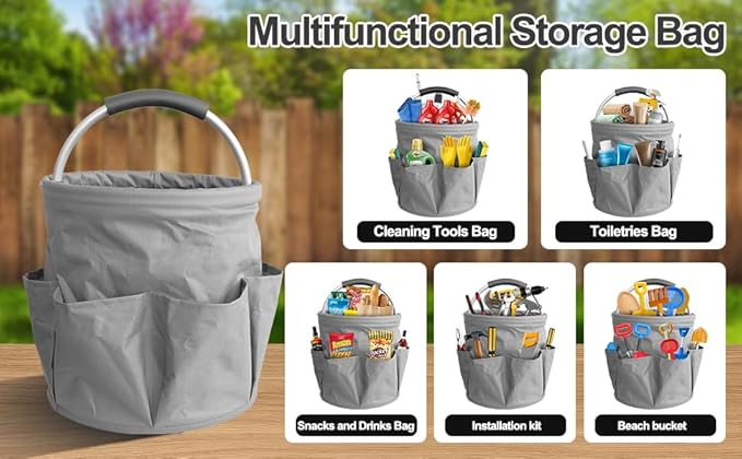 Foldable cleaning caddy basket & Portable cleaning caddy Bucket Cleaning Organizer with Handle and 6 Pockets cubetas para limpieza for Home Garden Camping Storage (Gray)