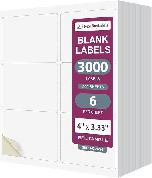 NextDayLabels 4x3.33 Inch Rectangle Stickers White Blank Labels for Laser Inkjet Printer - 6 Per Sheet Self-Adhesive Shipping Address Mailing Made in USA - 3000 Labels