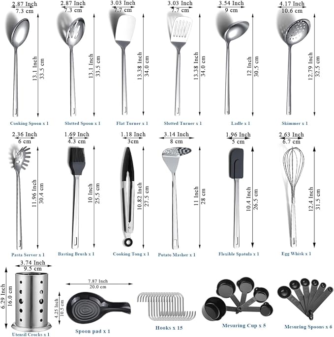 ReaNea Stainless Steel Kitchen Utensils Set 40 Pieces, Cooking Utensil Set with Utensils Holder, Kitchen Gadgets Kitchen Essentials New Home, House, Appartment Must Have, Metal Spatula Set