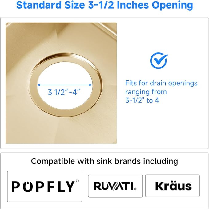 POPFLY 3-1/2 Inch Sink Drain Assembly Brushed 304 Stainless Steel Removable Deep Strainer Basket, Rust-Proof & Easy Install with Sealing Lid＆Tailpiece, for Home/Bathroom/Commercial Sinks, Gold