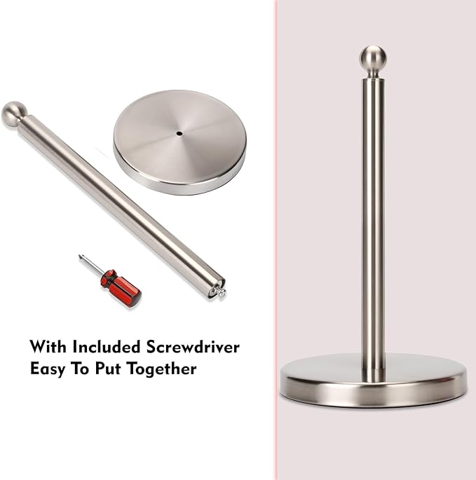 Kalitro Paper Towel Holder Countertop, Standing Paper Towel Roll Holder for Kitchen Bathroom, with Weighted Base for One-Handed Operation (Stainless Steel Base, Brushed Nickel)