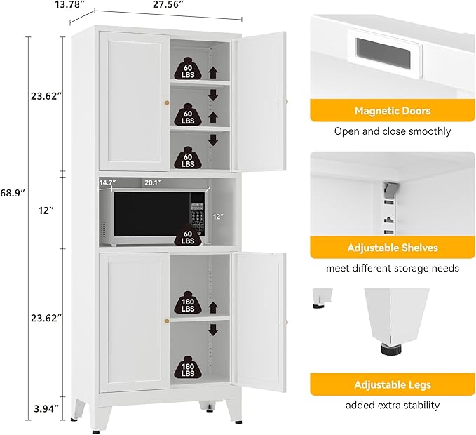 YAUWOH Metal Pantry Storage Cabinet, 69" Tall Storoge Cabinet with 4 Doors & 3 Adjustable Shelves, Microwave Stand with Storage for Kitchen, Dining Room, Living Room (1PC,White)