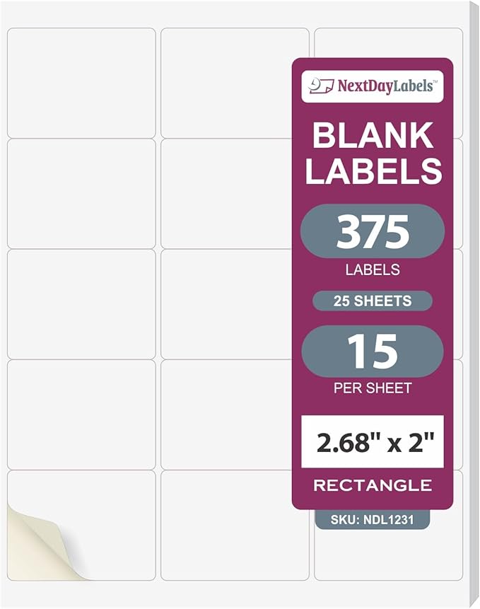 NextDayLabels 2.69x2 Inch Rectangle Stickers White Blank Labels for Laser Inkjet Printer - 15 Per Sheet Self-Adhesive Shipping Name Tags Product Made in USA - 375 Labels
