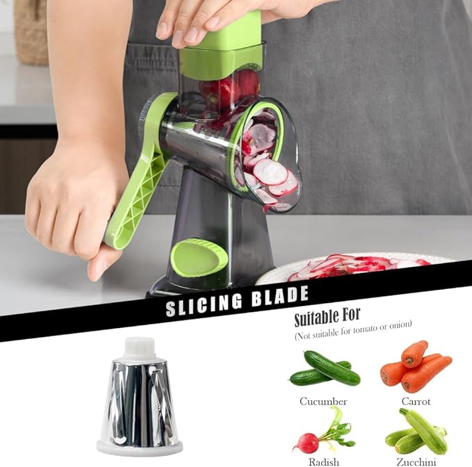 Badelite Cheese Grater Hand Crank Rotating Cheese Shredder Stainless Steel Vegetable Slicer Grater for Kitchen 3 Blades for Cheese, Carrot, Cucumber, Nuts, Chocolate, Green