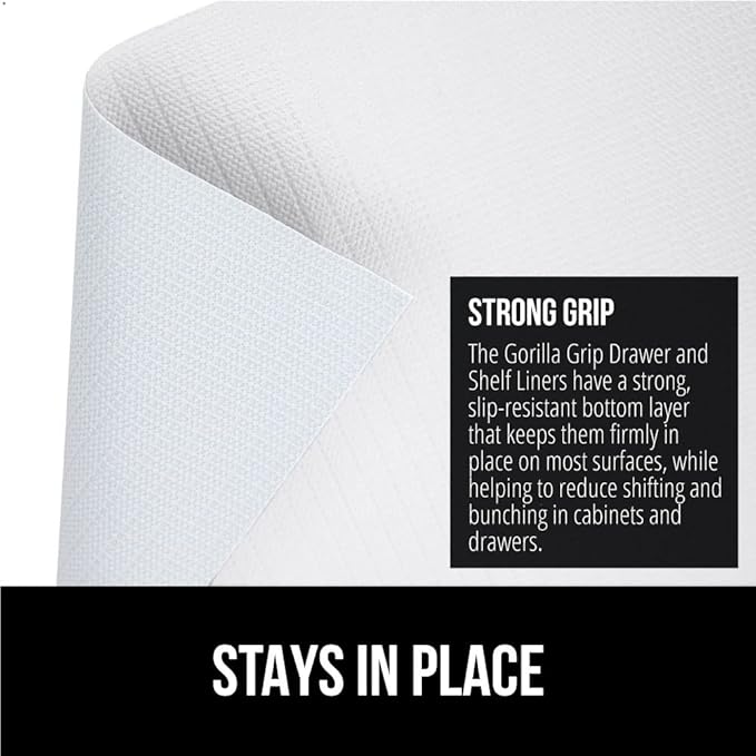 GORILLA GRIP DripGuard Shelf Liner, Non Adhesive Drawer and Kitchen Cabinet Protector, 20x240 Inch, Slip Resistant BPA Free Smooth Surface Plastic Liners for Cabinets, Bathrooms, Closets, White