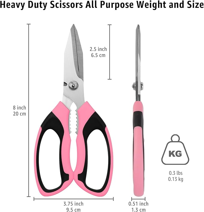 BoFuYuan 8-Inch Utility Scissors All Purpose Heavy Duty, Serrated Blade, Pink Comfort Grip for Cutting Carpet, Cardboard, Leather, Fabric, Multipurpose Sharp Shears for Kitchen, Garden, Office, Carft
