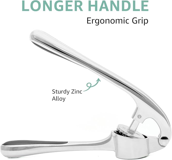 GD Premium Garlic Press Set – Rust-Proof Garlic Mincer Crusher smasher Tool – Easy-Squeeze, Easy-Clean with Soft Ergonomic Handle – Dishwasher Safe, Includes Silicone Peeler & Brush (Imperial Silver)