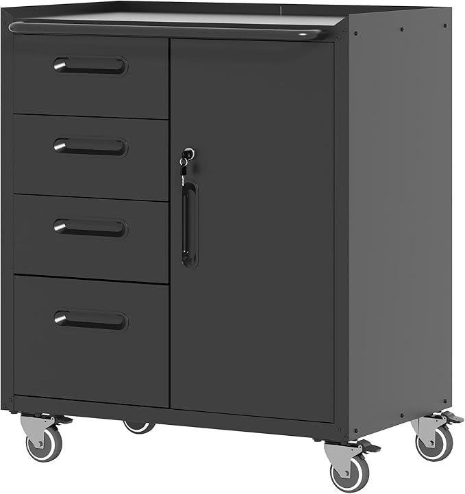 BIZOEIRON Metal Storage Cabinet with Wheels, Garage Storage Cabinet with 1 Door and 4 Drawer, Rolling Tool Cabinet, Assembly Required, Black