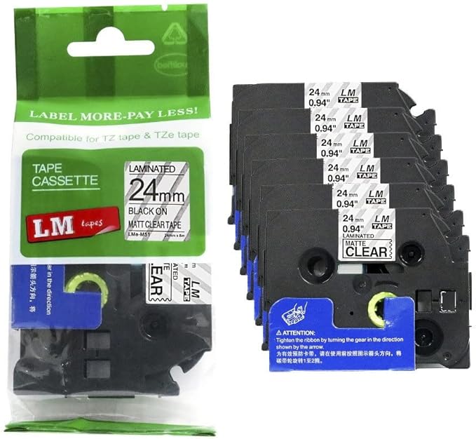 6/Pack LM Tapes - LMe-M51 Premium 1" Black Print on Matte Clear Label Compatible with Brother TZe-M51 P-Touch and Includes Tape Color/Size Guide. Replaces TZM51 24mm 0.94 Laminated