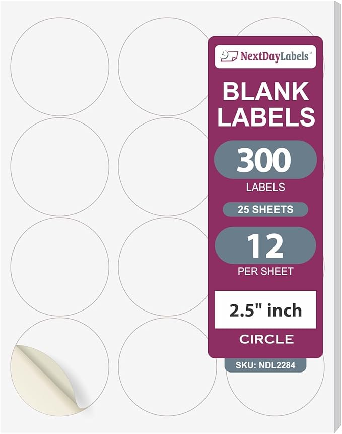 NextDayLabels 2.5 Inch Round Circle Stickers White Blank Labels for Laser Inkjet Printer - 12 Per Sheet Self-Adhesive Product Packaging Logo Made in USA - 300 Labels