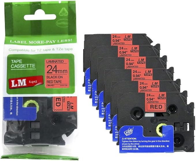 6/Pack LM Tapes - LMe-451 Premium 1" Black Print on Red Label Compatible with Brother TZe-451 P-Touch and Includes Tape Color/Size Guide. Replaces TZ451 24mm 0.94 Laminated