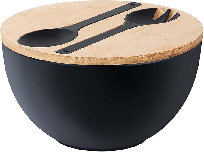 ECOHAGOU 10" Large Salad Serving Bowl with Utensils in Lid, Bamboo Fiber Salad Bowl with Lid, Mixing Bowl with Servers set for Pasta,Fruit,Veggies,Popcorn to Replace Wooden Bowls - Matte Black