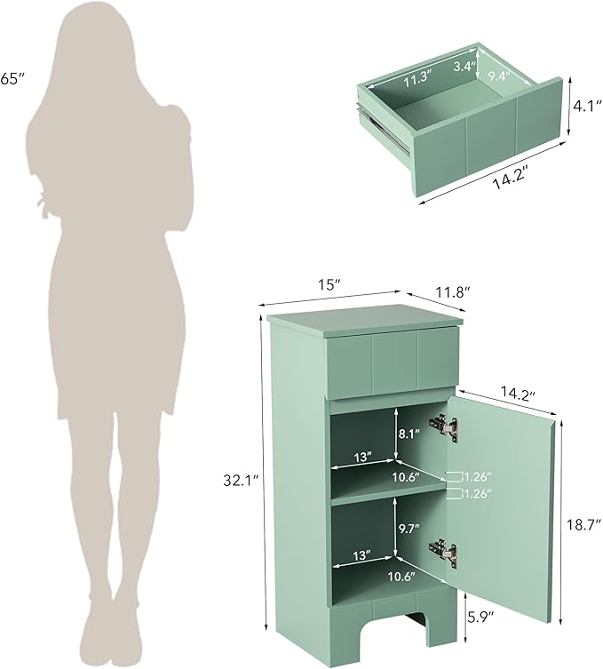 VANIRROR Small Bathroom Cabinet with Adjustable Shelves, Drawer, Anti-Tip Design, 14.96" L x 11.81" W x 32.09" H, Durable MDF for Bathroom, Kitchen, Laundry Storage, Soft-Close Door