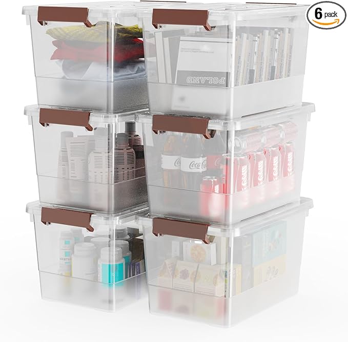 WYT 6 Pack 17qt Clear Plastic Storage Bin with Lid and Latching Buckles, Stackable Tote Organizing Box with Handle