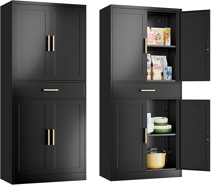 Metal Kitchen Pantry Cabinet, 71"Tall Cabinet with 1 Drawer, Doors and 2 Adjustable Shelves, Pantry Cabinets for Kitchen Storage, Metal Storage Cabinet for Kitchen, Dining Room, Living Room- Black