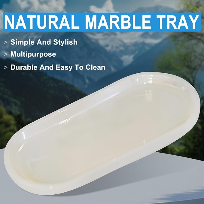 SWRONP Marble Tray for Kitchen Counter & Bathroom Countertop,Stone Vanity Tray for Dresser Decor,Small Storage Tray for Perfumes, Jewelry,Candles,Durable & Waterproof (Transparent White)