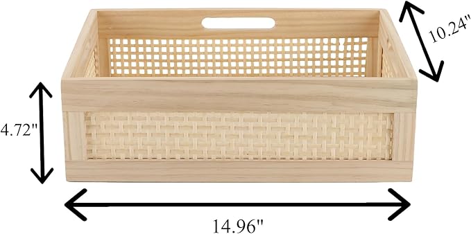 YRMT Wooden Baskets Shallow Wood Storage Basket Crate with Handles Decorative Storage Bins Organizer Rustic Farmhouse Countertop Basket for Shelves,Pantry,Kitchen
