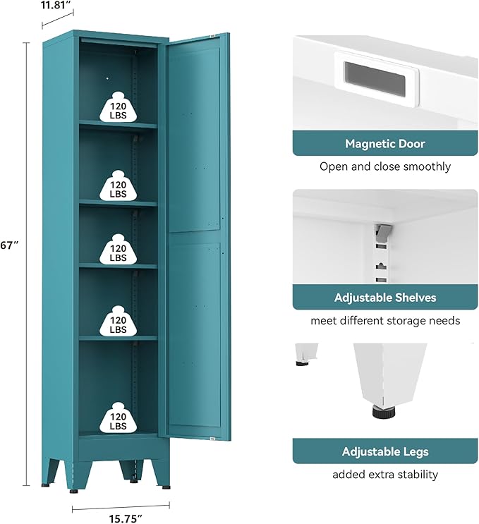 YAUWOH Narrow Metal Cabinet with 4 Adjustable Shelves and Barn Doors,Tall Bathroom Storage Cabinet, Metal Pantry Organizer for Kitchen,Home Office, Dining Room,Blue