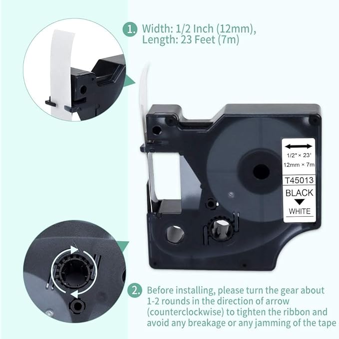 10-Pack Compatible for D1 Label Tape 45013 a45013 S0720530 12mm Black on White Label Tape Refills for Labelmanager 160 280 210D 360D 420P 500TS PnP 450D Label Maker, 1/2 Inch x 23 Feet