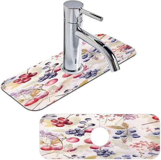 Watercolor Berry Cluster Kitchen Faucet Mat Splash Guard, 15.4”x5.7” Absorbent Quick Drying Sink Mat for Countertop Protection, Draining Mat Sink Protectors For Kitchen Bathroom, 2 Pack