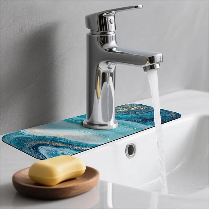 Kitchen Sink Splash Guard，Blue golden fluid marble Faucet Mat Sink Gadgets-Super Absorbent Fast Drying Mat Drip Catcher for Kitchen, Bathroom,Sink Mat, Dish Drying Mat, Bathroom(15" X 5.5" )