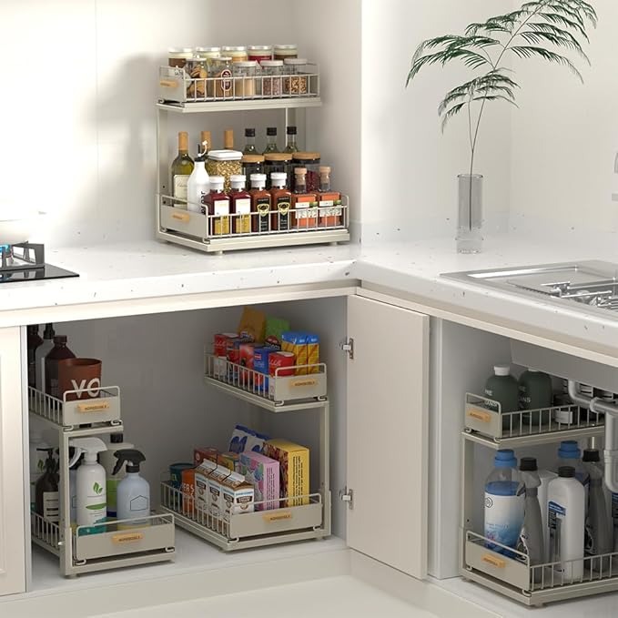 HOMEBOSILY Under Sink Organizer, Pull Out Kitchen Cabinet Organizer 2 Tier Slide Out Under Sink Organizers and Storage, Sink Shelf Cabinet Storage Shelves for Kitchen Bathroom Pantry, Grey