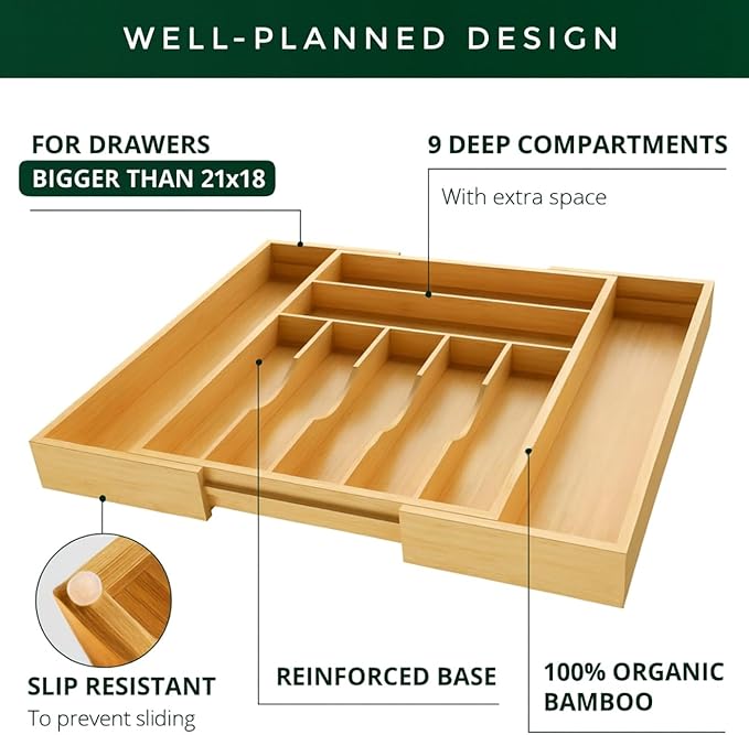 Forestroot Bamboo Drawer Organizer – Expandable 9 Slot Silverware & Utensil Tray for Kitchen, Office & Kitchen –Fits 13”–19.6” Drawers, Natural Bamboo Wood, Deep Compartments - Durable & Eco-Friendly