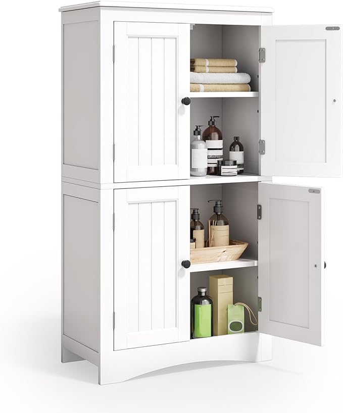Gizoon 43" Kitchen Pantry Cabinet, Bathroom Storage Unit with Adjustable Shelves and 4 Magnetic Doors, Floor Cabinet for Kitchen, Living Room, White