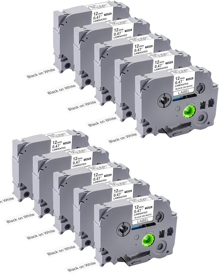 10-Pack Label Maker Tape, Replace for Brother Ptouch TZe-231 (TZE23110PK) ½ inch (0.47 inch) x 26.2 ft. (8m) (Pack of 10) Laminated Tape, Black on White, Waterproof& Fadeproof, No Jam