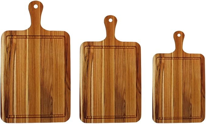 EcoDecors 3 Piece Teak Cutting Board Set with Handles, FSC Certified Edge Grain, Prep and Serving Boards for Kitchen