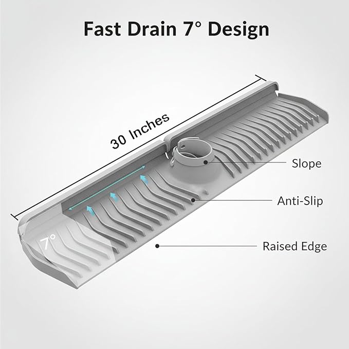 30-inch Long Kitchen Sink Faucet Mat Solicone Water Splash Guard, 7° Slope Fast Self-draining Backsplash Guard Sink Protectors for Kitchen