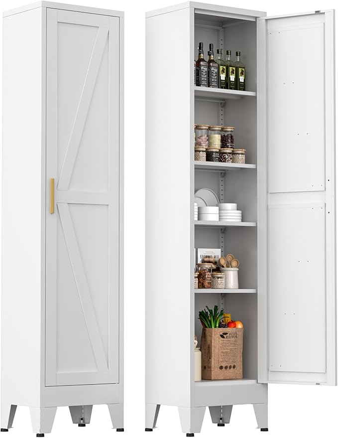 YAUWOH Narrow Metal Cabinet with 4 Adjustable Shelves and Barn Doors,Tall Bathroom Storage Cabinet, Metal Pantry Organizer for Kitchen,Home Office, Dining Room,White