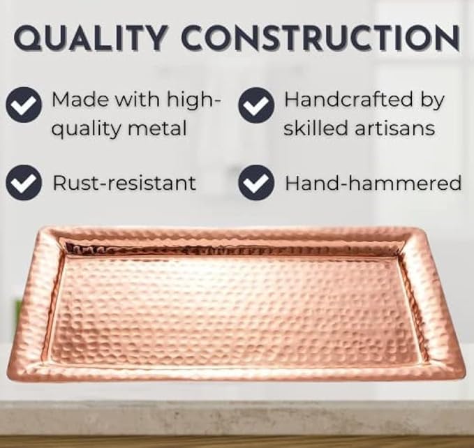 Monarch Abode Decorative Tray – 16-Inch Hand Hammered Copper Plated Metal Bathroom Tray Countertop, Vanity Trays Organizer, Perfume Plate for Dresser, Kitchen Countertop Large Fruit Platter