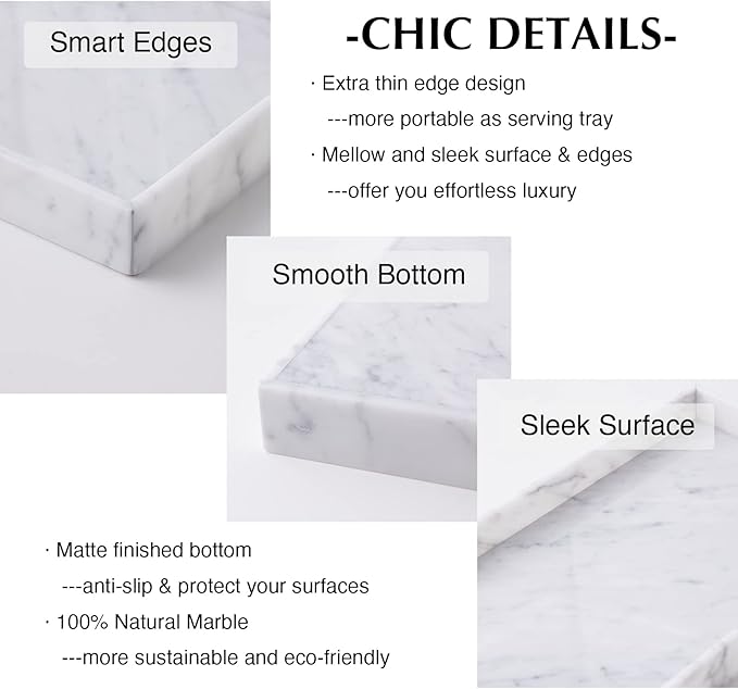 PHINILUX 𝐈𝐭𝐚𝐥𝐢𝐚𝐧 𝟏𝟎𝟎% Marble Vanity Tray (12x7in), Counter Organizer for Bathroom, Kitchen, Dresser, Coffee Table, Serving, Decorative (Carrara White)