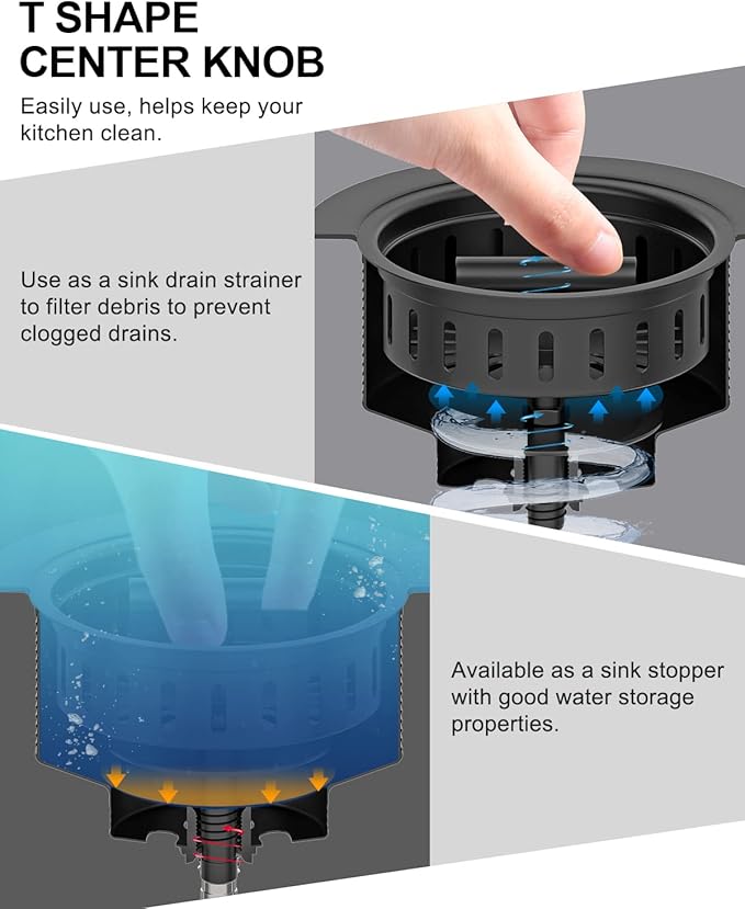 BOTEMY B9171 Black Kitchen Sink Drain Kit 3 1/2 Strainer With Stainless Steel Stopper Assembly Basket Fit Standard Drain Hole