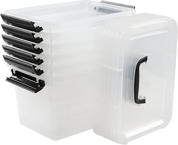 6 Quart Clear Plastic latching Storage Boxes with Lids and Handles, 6 Packs